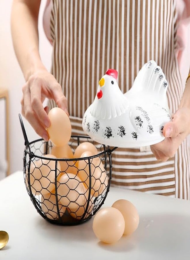 Maxxinn Ceramic Hen Shape Wire Egg Storage With White Farm Chicken Top And Handles Keeps Fresh and Secure, Countertop - Image 3